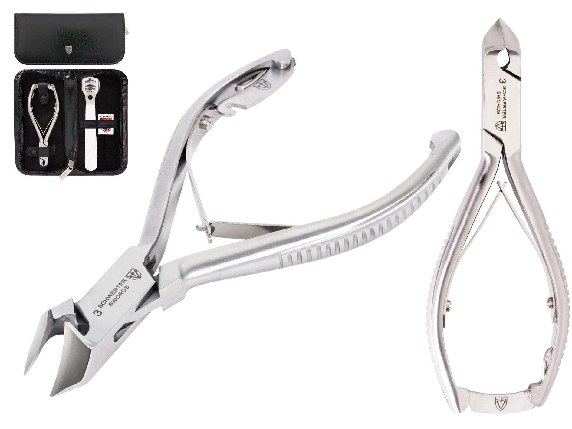 DREI SCHWERTER Pediküre Set 3-tlg. mit extra stabiler Nagelzange Fußnagelzange Eckenzange Kopfschneider aus rostfreiem Edelstahl mit Hornhauthobel und 10 Ersatzklingen im Etui, Markenqualität (806)