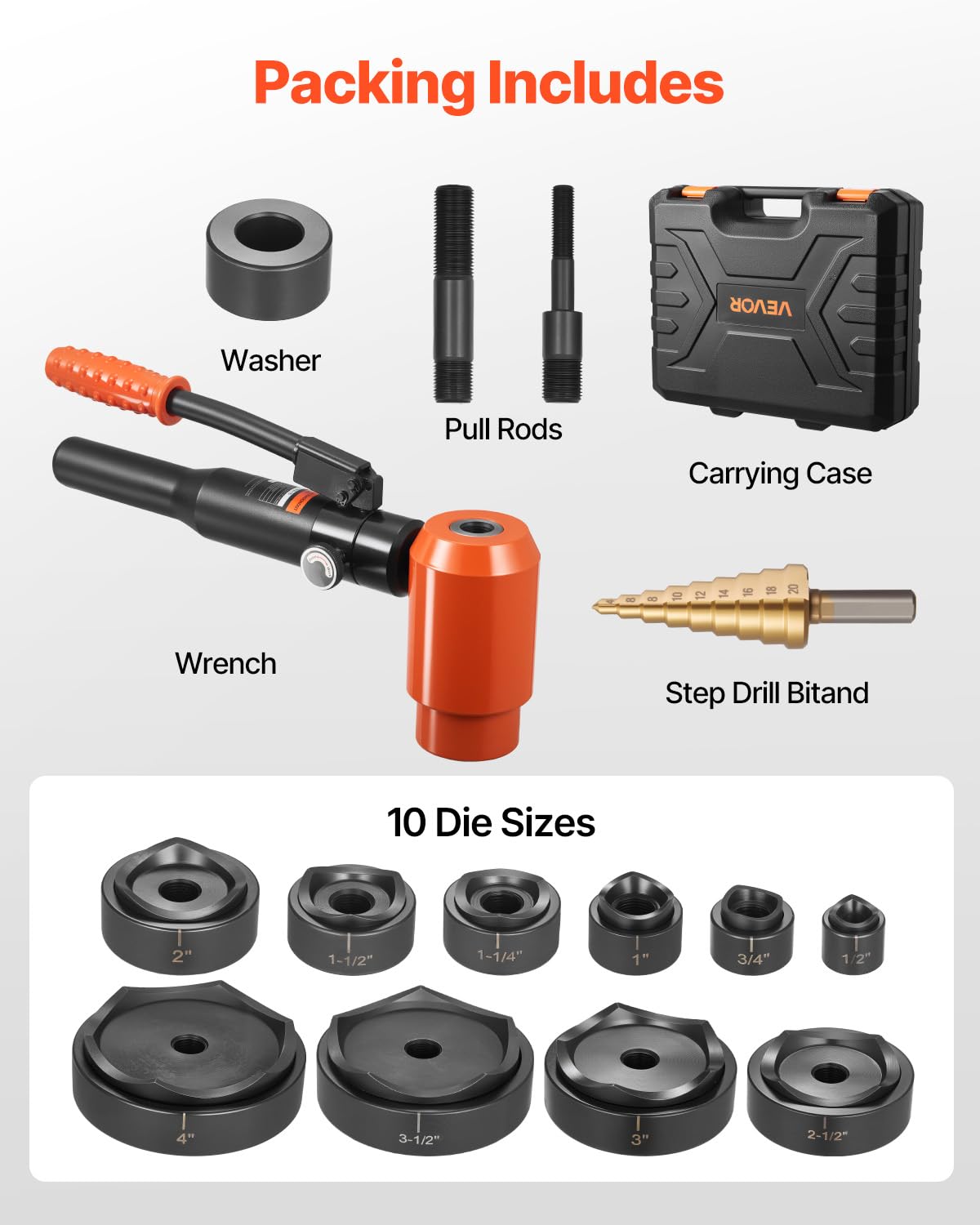 VEVOR Kit di Perforazione Manuale, Set di Punzoni Idraulici da 15 T Kit di Utensili KO per Realizzazione di Fori 1,27 a 10,18 cm 10 Matrici per Armadi in Metallo, Controllo e Quadri Elettrici