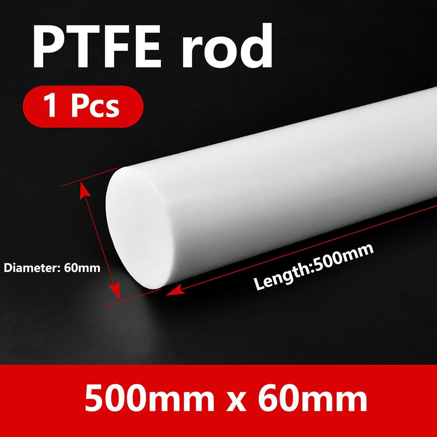 Varilla de Ptfe, barra redonda resistente teflón, varilla plástico sólido blanco gran diámetro, a productos químicos, mecanizable for uso industrial(60mm x 0.5m)