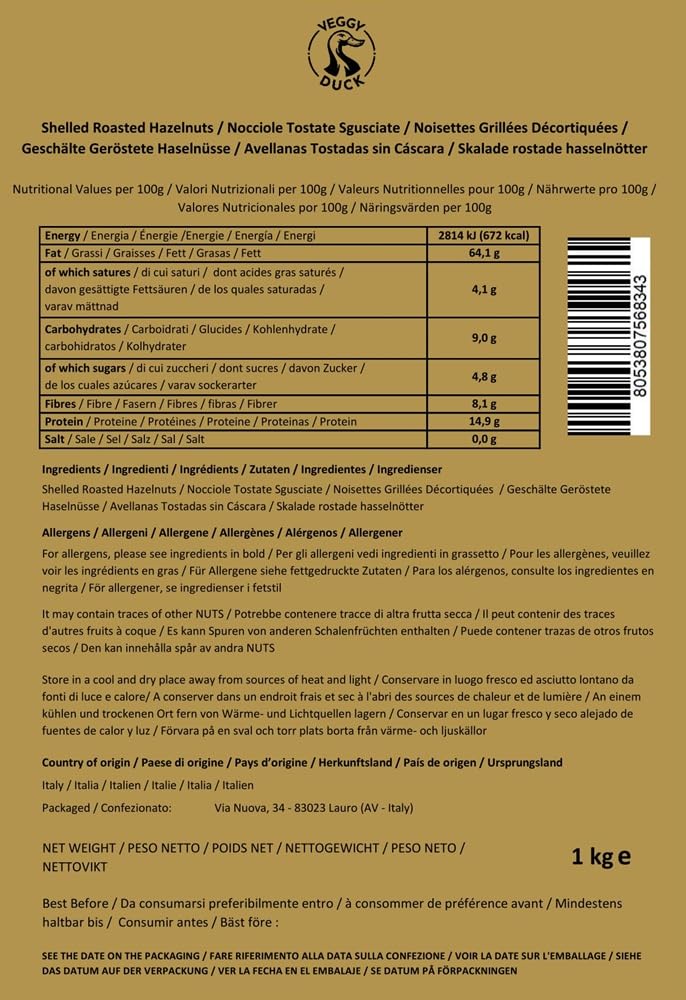 Veggy Duck - Avellanas Tostadas Naturales Sin Cáscara (1Kg) | Origen Italia | Sin Sal