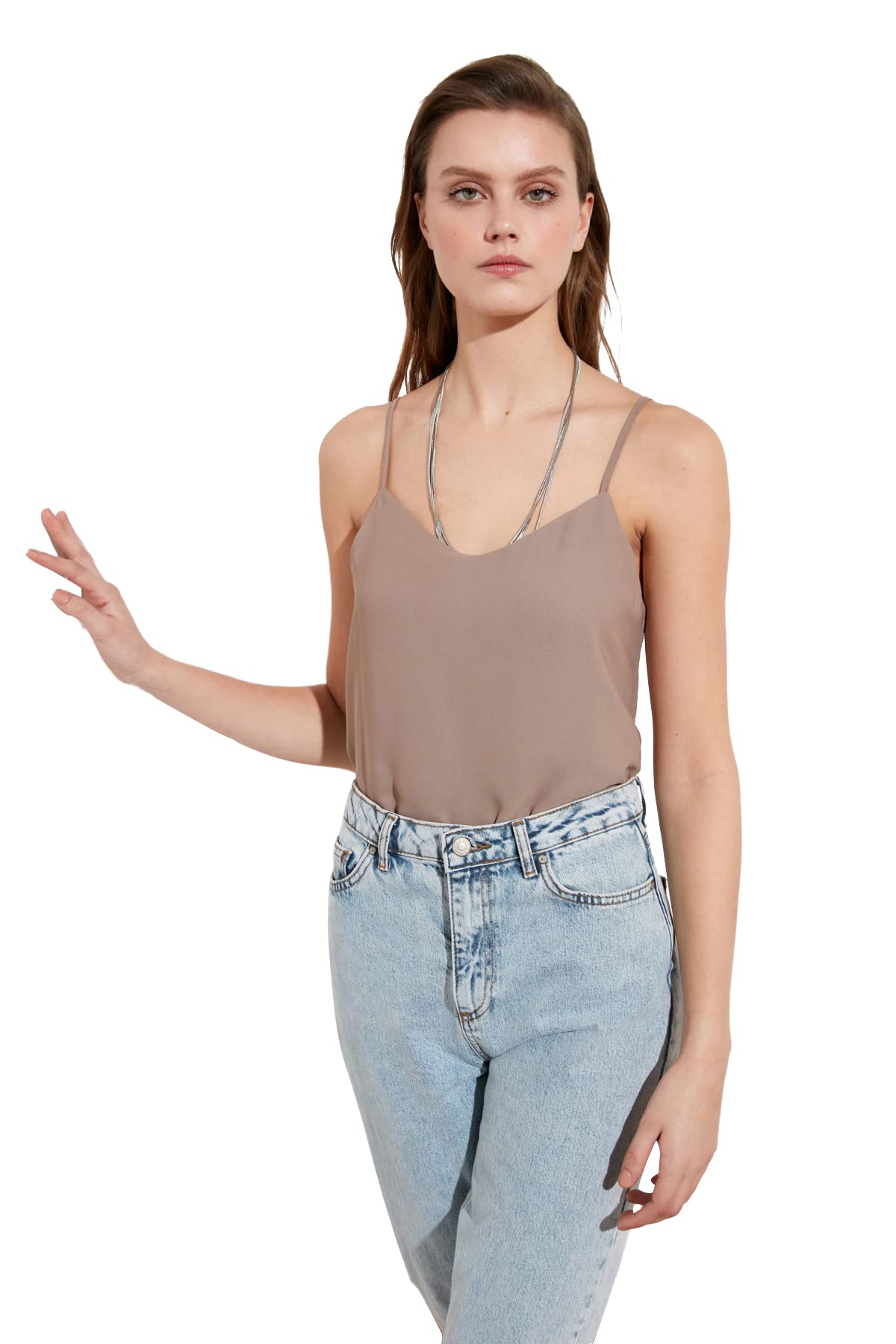 TRENDYOL Damen Basic Hanged Bluse. Blouse Westlich, Light Brown, 42
