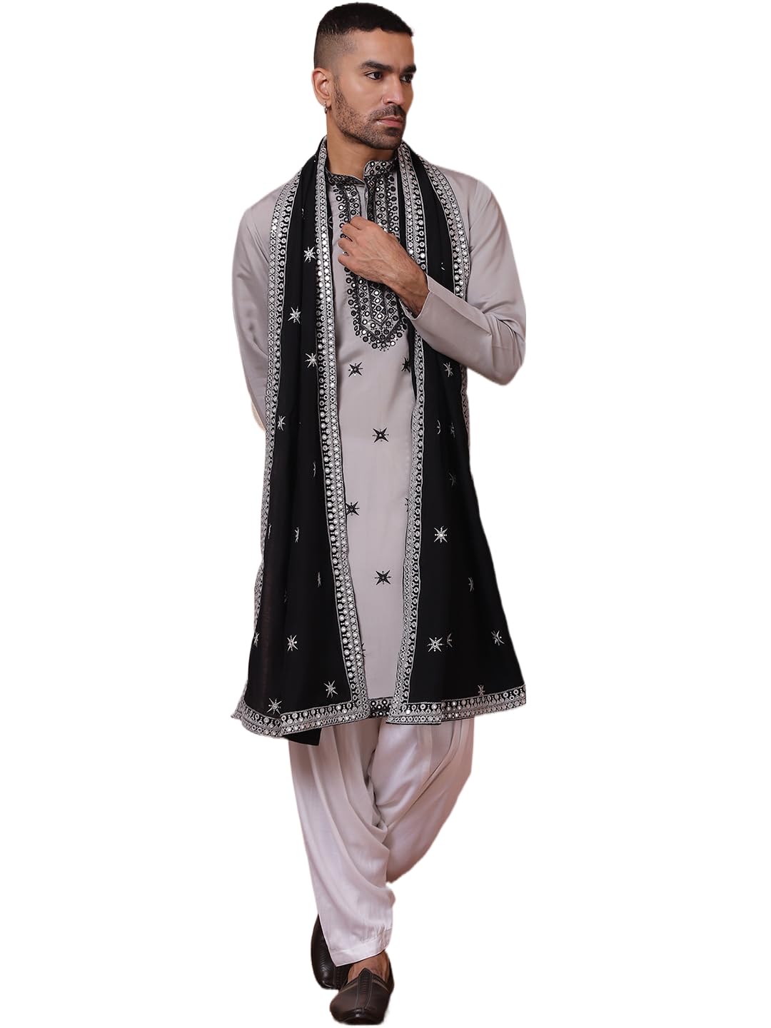 Jompers Men's Grey Embroidered Silk Blend Kurta Salwar And Dupatta Set For Men (Grey, L)
