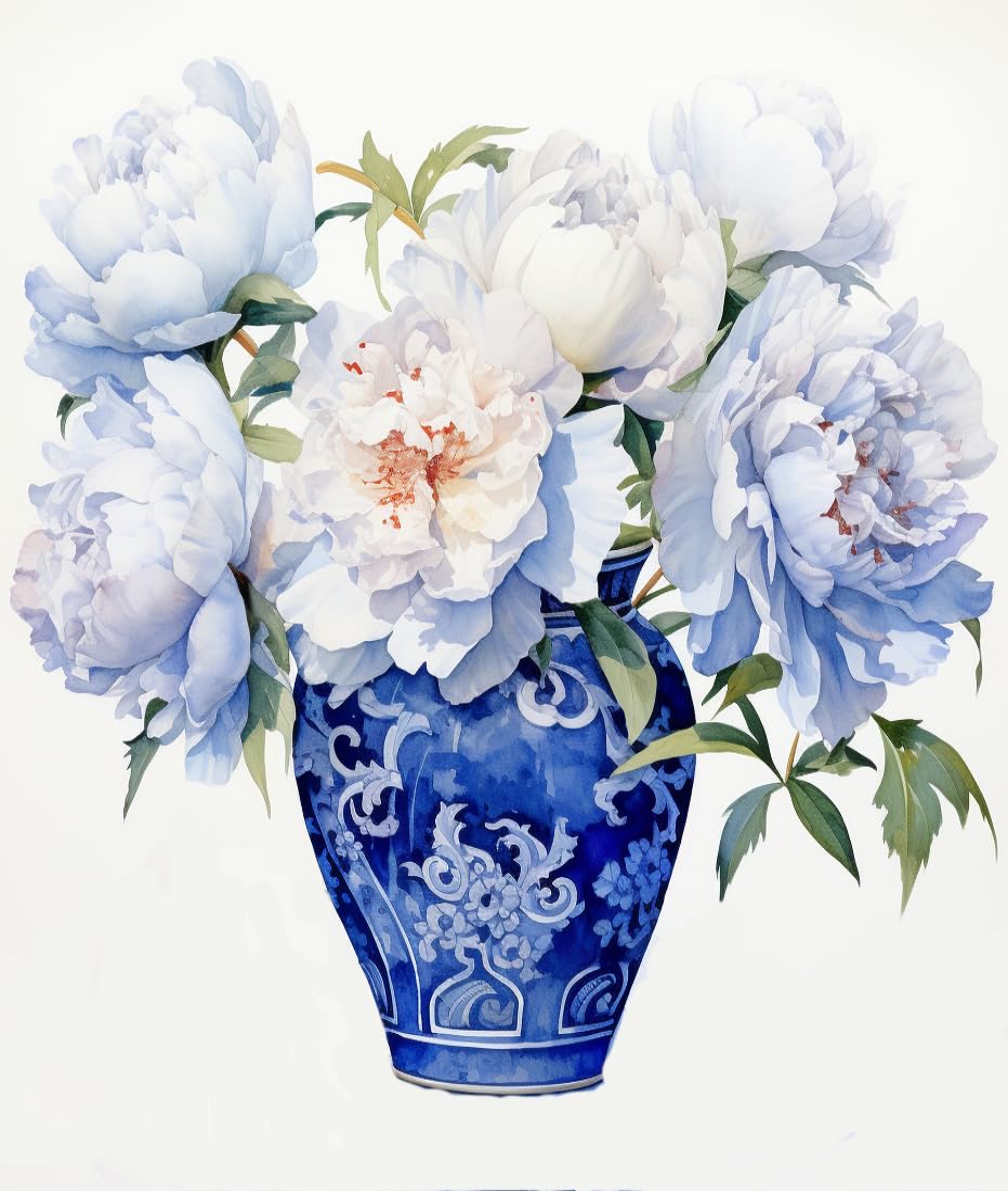 (14CT) 30x40CM Printed Cross Stitch Kit Blue and White Porcelain Vase Cross Stitch Kit Watercolor Flower Counting Cross Stitch Kit Pre-printed Fabric Embroidery Crafts Needle Tip Kit