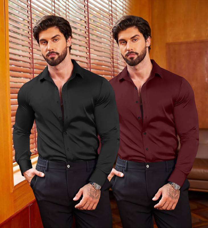 Image of Combo of Men's Premium Satin Cotton Shirt with Full Sleeves & Spread Collar | Smooth Finish | Slim Fit | Stylish Button Down Shirt for Evening, Casual Pack of 2