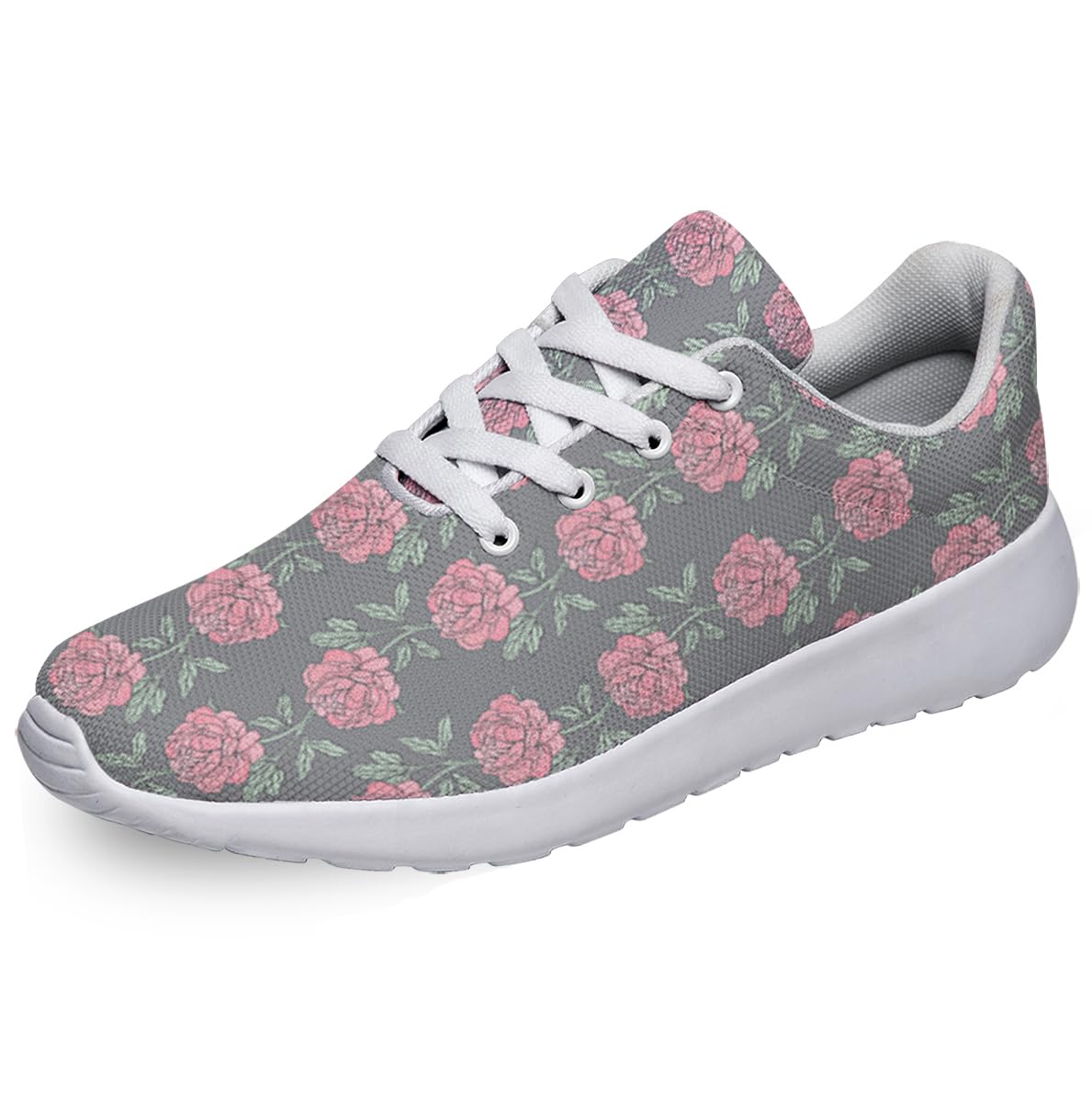 Women Men Color Peony Gray Prints Shoes Slip On Running Shoes Athletic Tennis Sneakers White Size 7.5