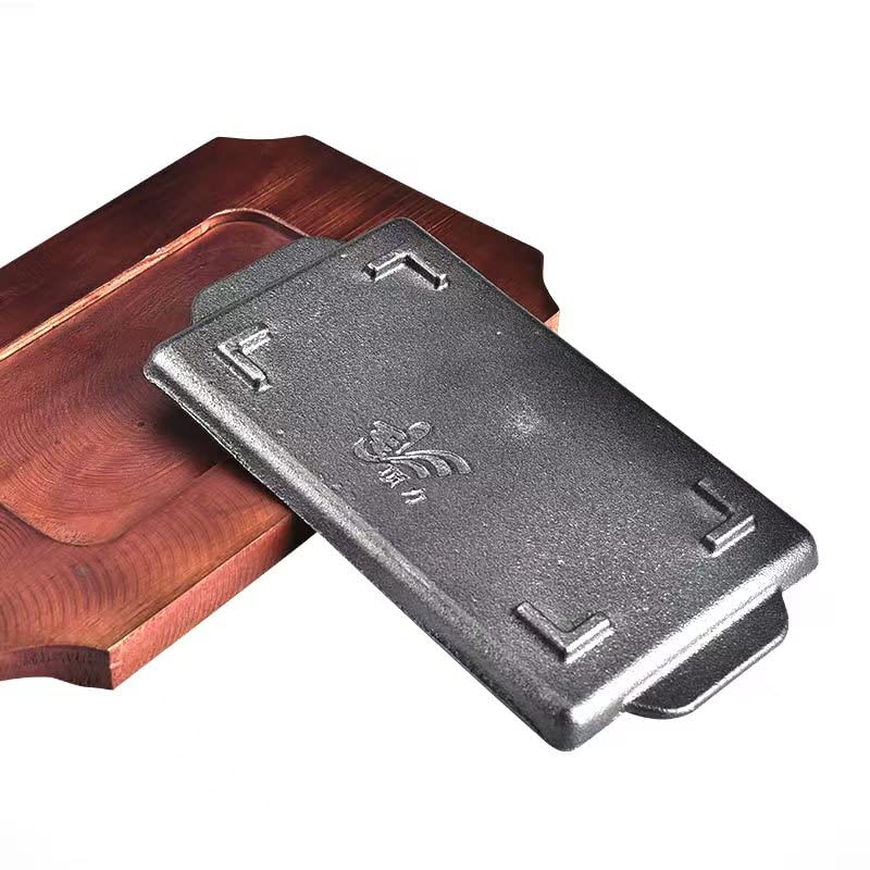 YYJINGYOU Cast Iron Steak Fajita Plate Set with wood Plate for Steak Pizza,Rectangle (7 x 4 inch)