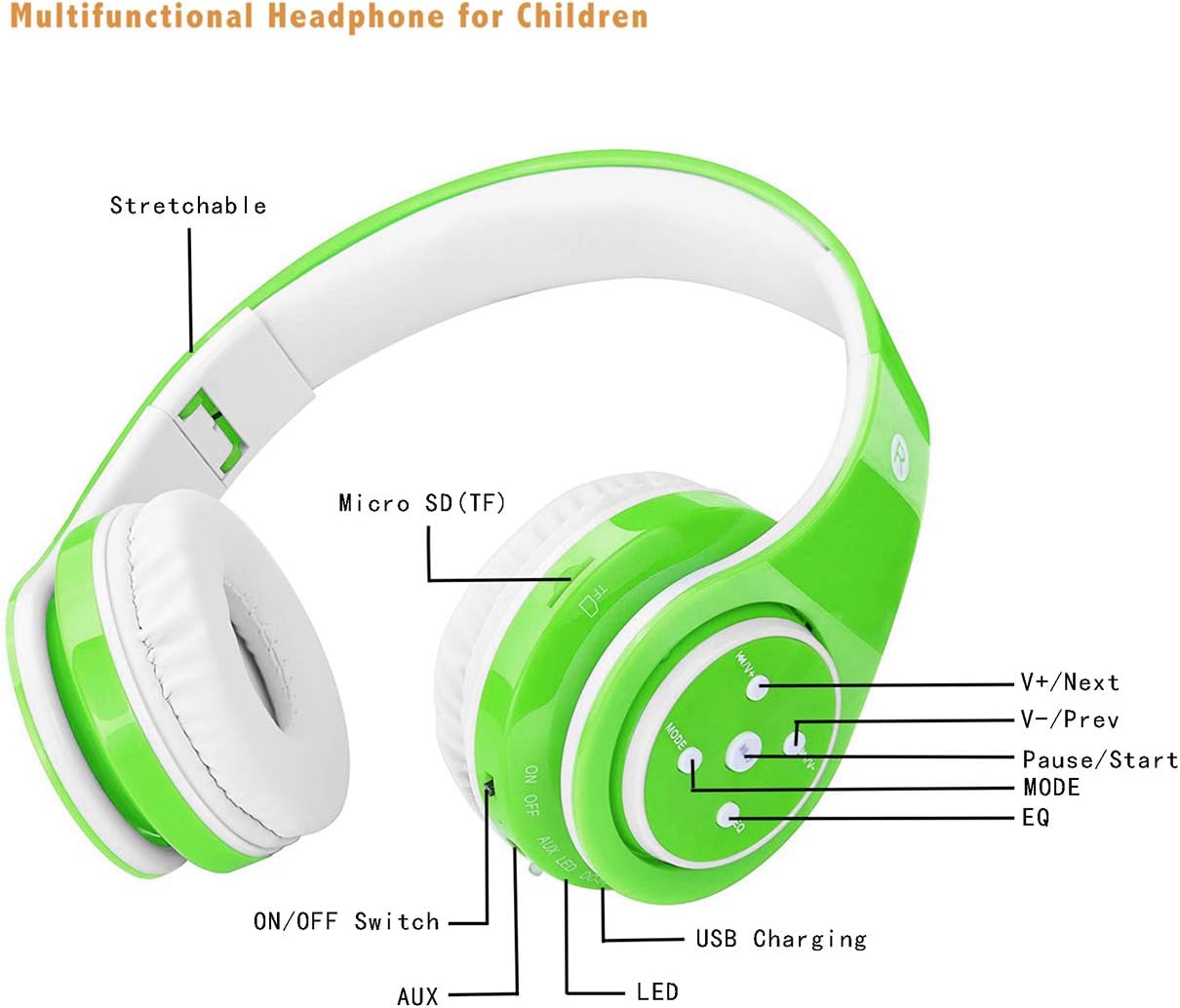 Kids Wireless Bluetooth Headphone with Microphone volume limited foldable Earphone Children Stereo On Ear headset for PC/TV/Tablets/Smartphones (Green)