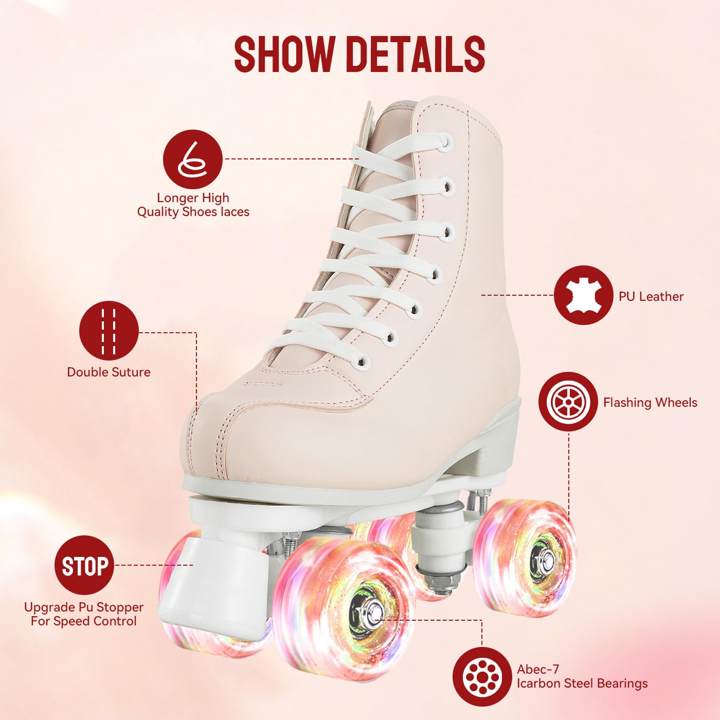 XUDREZ Patins à roulettes pour femmes et filles - Patins à roulettes lumineux à double rangée - Rose - Pour jeunes adultes, débutants, intérieurs et extérieurs