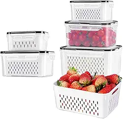 Recipientes Organizadores de Geladeira com Escorredor Removível – Potes Herméticos para Frutas, Legumes e Carnes – Livre de BPA, Empilháveis, Laváveis na Lava-Louças (Kit 5)