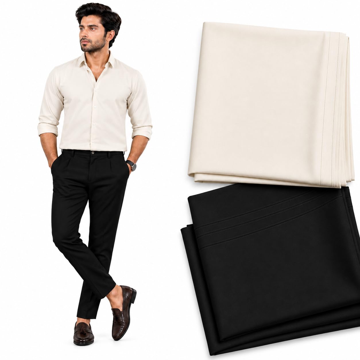 Men's Unstitched Cotton Blend Shirt & Pant Set | Off white Black