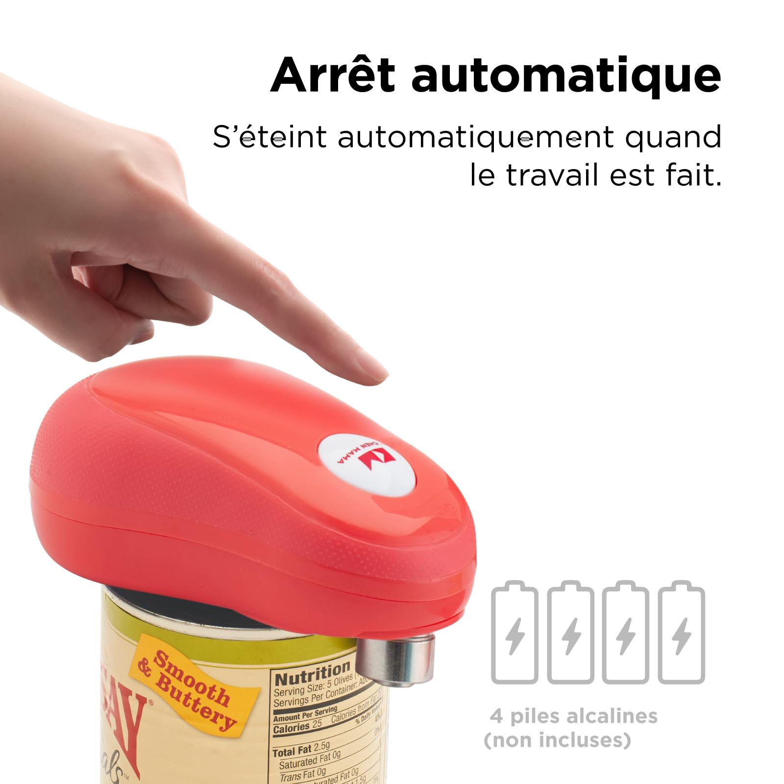 Ouvre-boîte One Touch Kitchen Mama : ouvre-boîte par simple pression sur un bouton. Arrêt automatique quand la tâche est terminée, ergonomique, bord lisse, sans danger pour les aliments (Rouge)