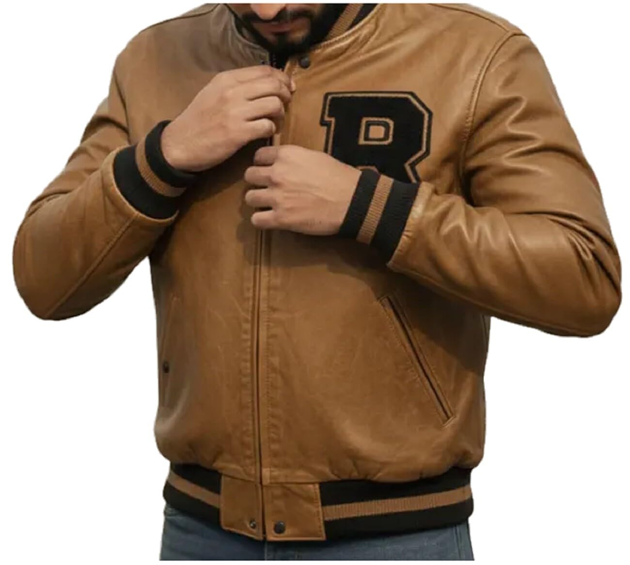 Chaqueta bomber universitaria de cuero marrón tostado para hombre, abrigo estilo Letterman de secundaria, chaqueta de motociclista con cremallera completa