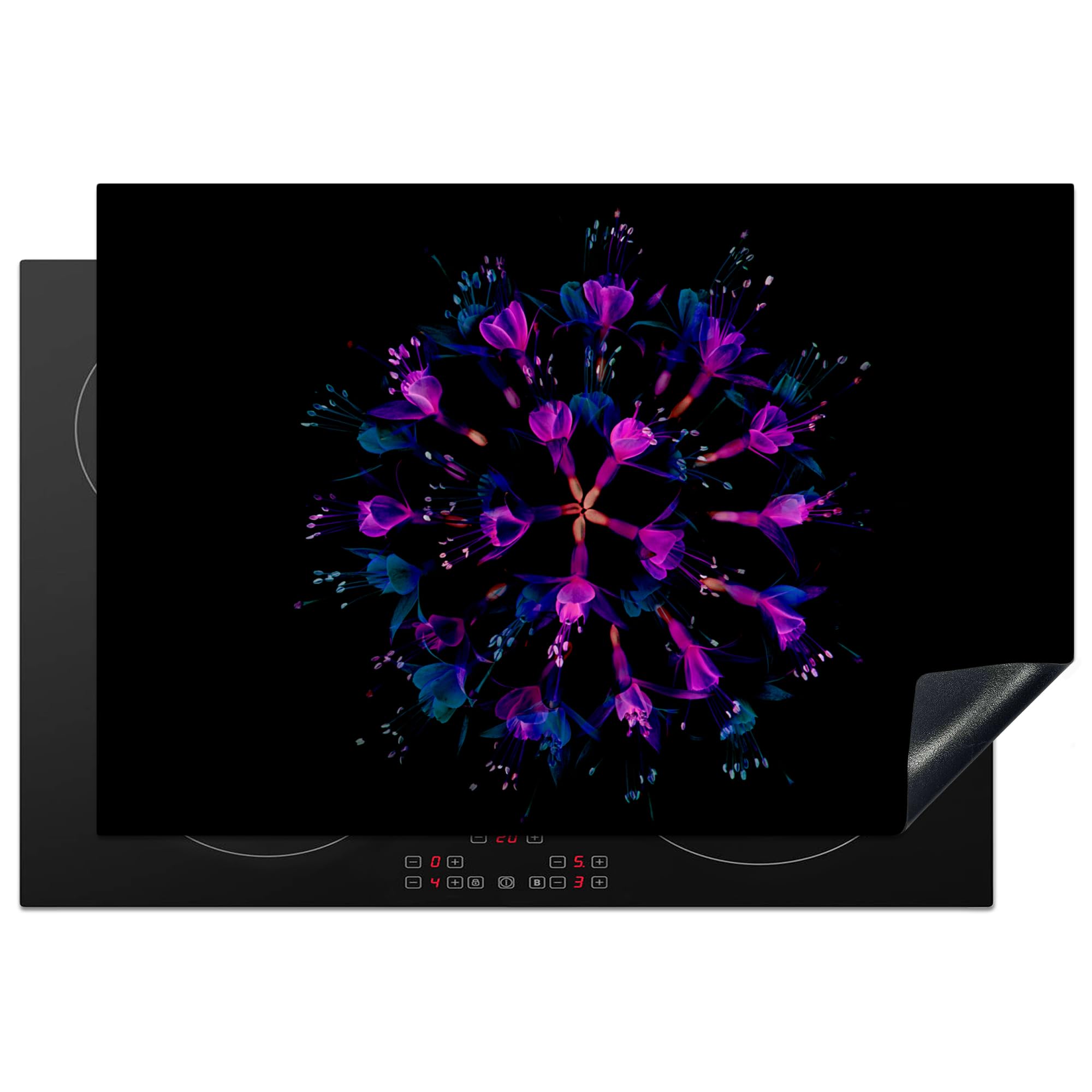 KitchenYeah© Induction Hob Protector Mat 20.5"x30.7" / 78x52 cm Stove Cap Top Cover Kitchen Cooker Covers for Electric Hobs Vinyl Flower - Purple - Blue - Macro - Black