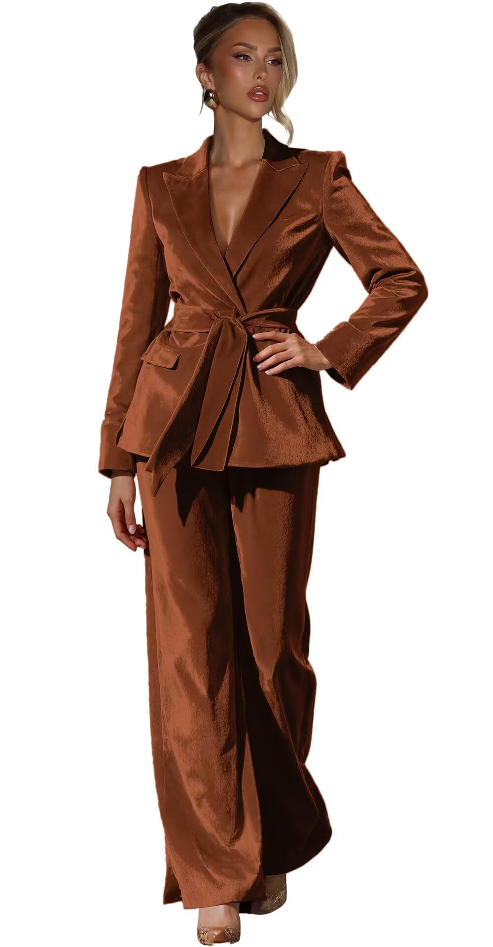 Velvet Suits for Women 2 Piece Set Winter V Neck Womens Pant Suit with Belt Business Casual Womens