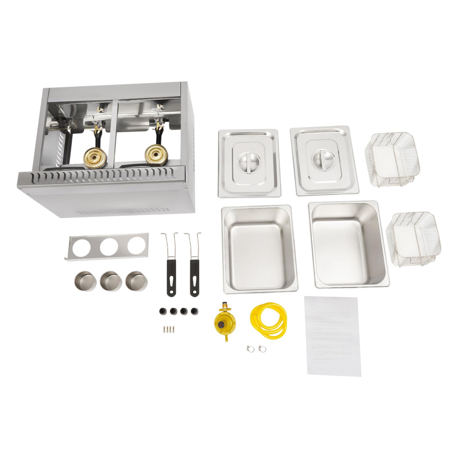 Friggitrice Professionale Doppia Vasca 12L, Friggitrice a Gas con 2 Bruciatori e Controllo Indipendente, Friggitrice per Ristorante Commerciale con Coperchi e Cestello Antiscottatura, Inox 430