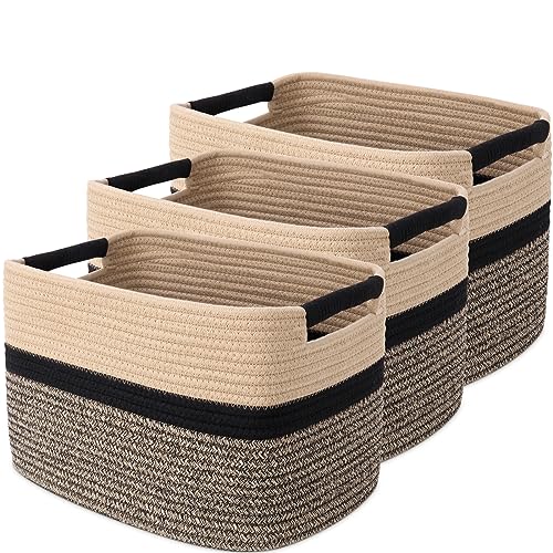 Image of 3 Pack Woven Rope Storage Baskets – Medium 13"x9.8"x9" Rectangular Cube Organizer Bin Set with Handles for Kids Room, Nursery, Bathroom, Closet – Decorative Boho Style – Black & Jute by MicroIdeas