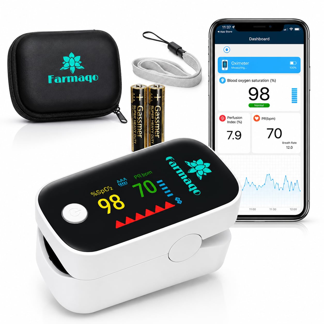 Pulsioxímetro de Dedo FARMAQO Profesional Certificado CE con App Bluetooth iOS Android – Oxímetro Saturómetro SpO2 BPM Pantalla OLED Alta Precisión para Adultos y Niños