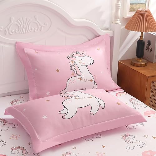 Miniatura 8 de Wajade Juego de edredón de unicornio rosa para niños, cama en una bolsa, tamaño individual, 7 piezas, bonito juego de ropa de cama de unicornio y
