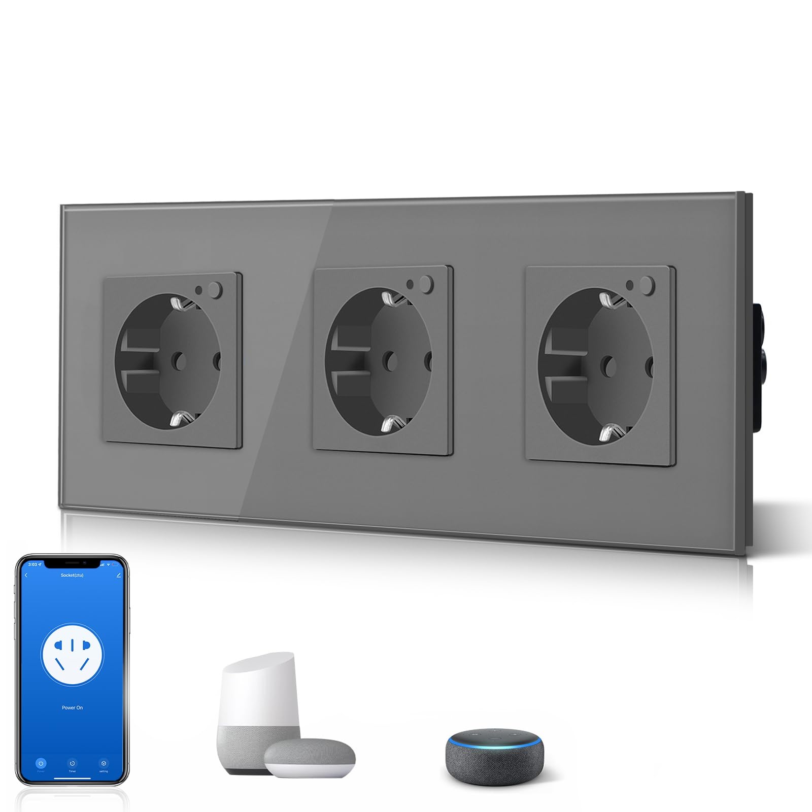 BSEED Schuko Wifi 3 prese 16A Smart Alexa in vetro grigio 228 mm installazione a incasso controllo app lavoro con Alexa/Google Home DIY Free Spin solo 2,4 GHz