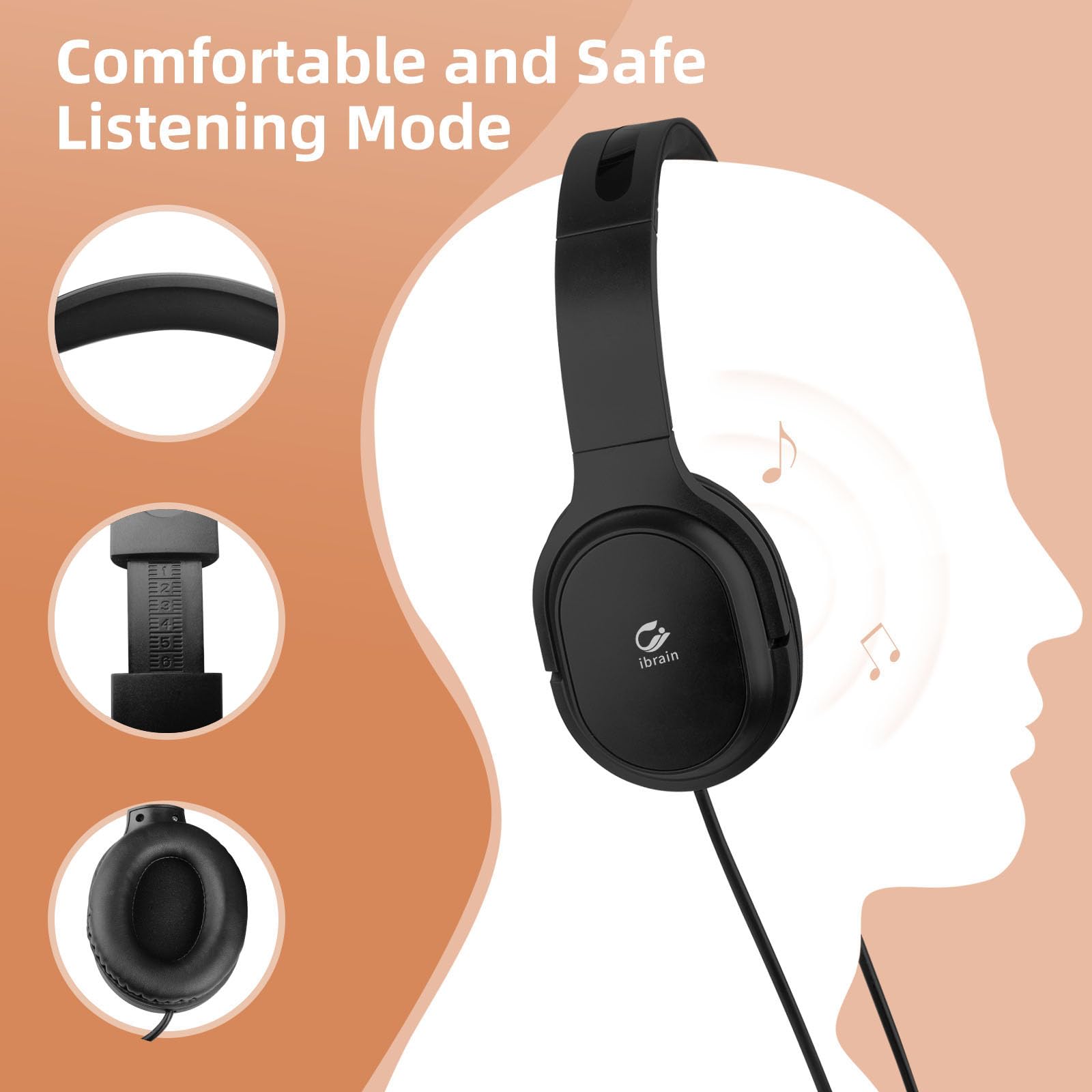 ibrain Casque USB C Air Tube Type C Airtube supra-auriculaire Headpohones Écouteurs Filaires Air Tube Écouteurs avec contrôle du volume – Noir