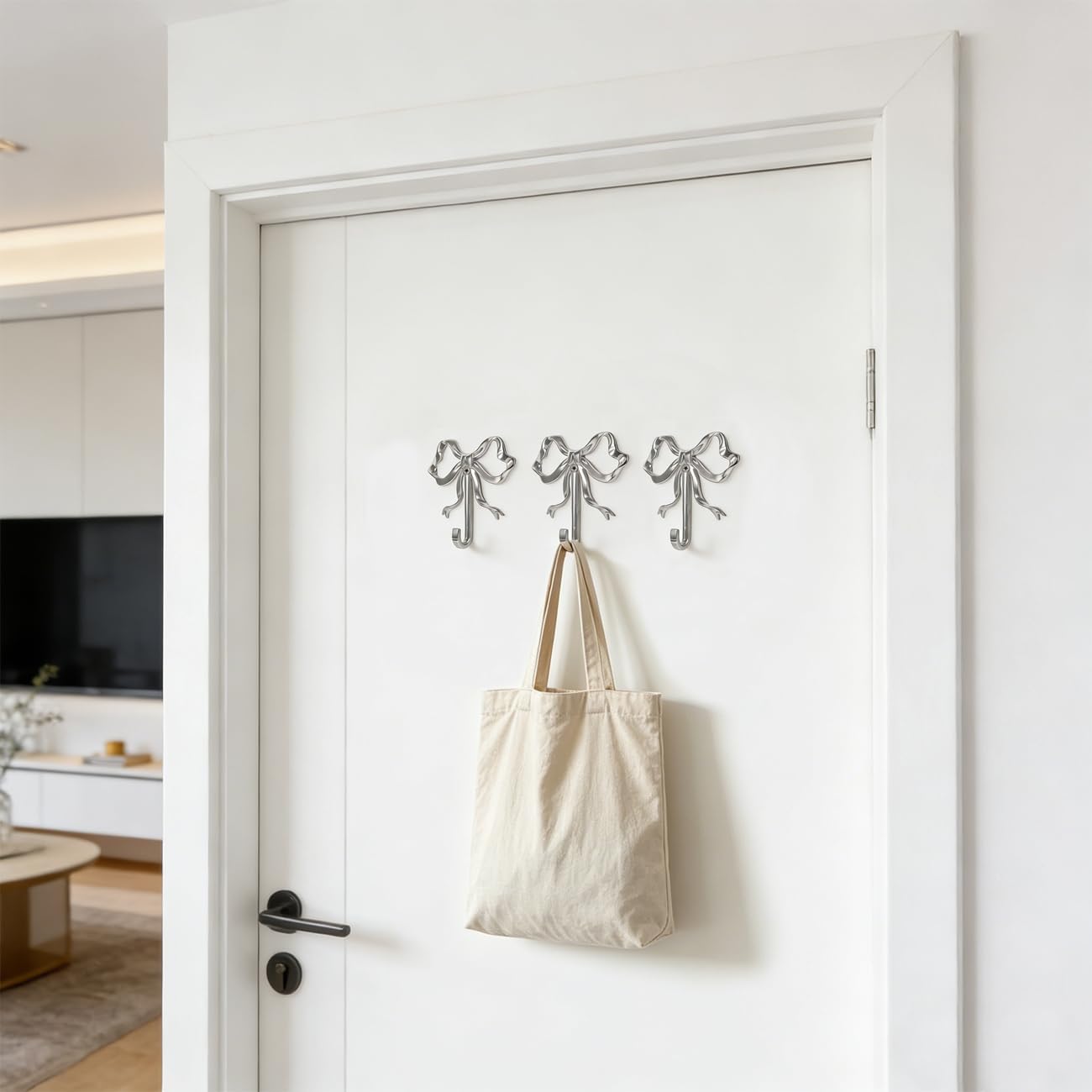 Bow Shaped Coat Hook Metal Wall Mounted Functional Hook Living Room Bedroom Bow Decorative Hanger for Coat, Bag, Keys (Silver,3.58")