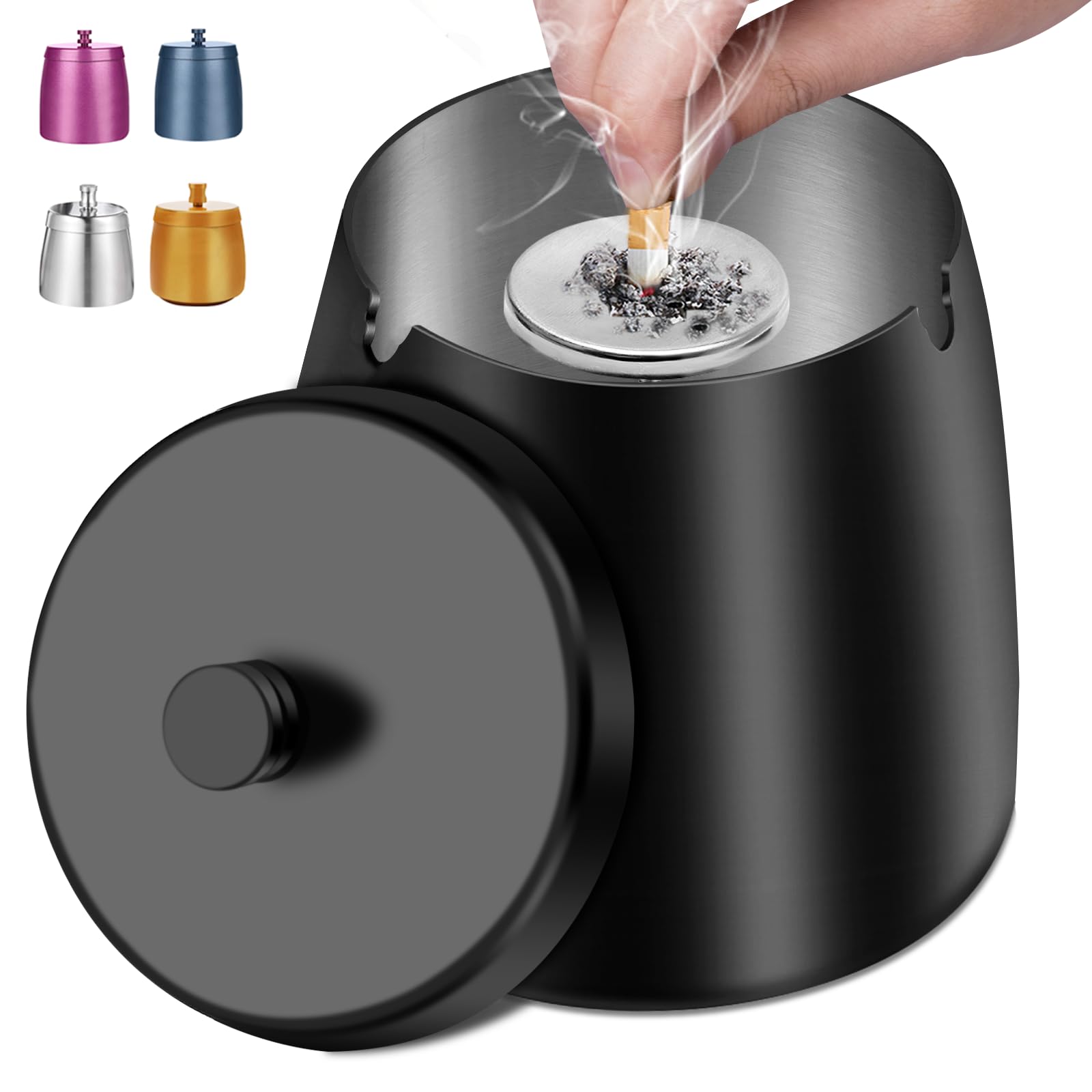 Ashtray with Lid - Ash Tray for Cigarettes Smokers, Smokeless Home Ashtray with Cover Smell Proof for Indoor Outdoor, Windproof Outside Metal Ashtrays for Patio (Black,M)