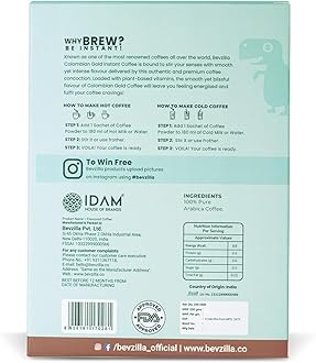 Bevzilla 96 Instant Hot & Cold Coffee Powder Sachets/Pouches (Colombian Gold) - 192 Grams|Arabica Coffee | Best For Espresso, Latte, Cappuccino|Enjoy Hot & Cold