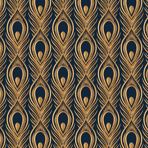 Wallercity Gold/Navy Blue Wallpaper Geometric Abstract Peacock Feather Gold Contact Paper Self Adhesive Modern Feather Geometric Peel and Stick Wallpaper for Bedroom Living Room Vinyl Roll 17.5"x102"