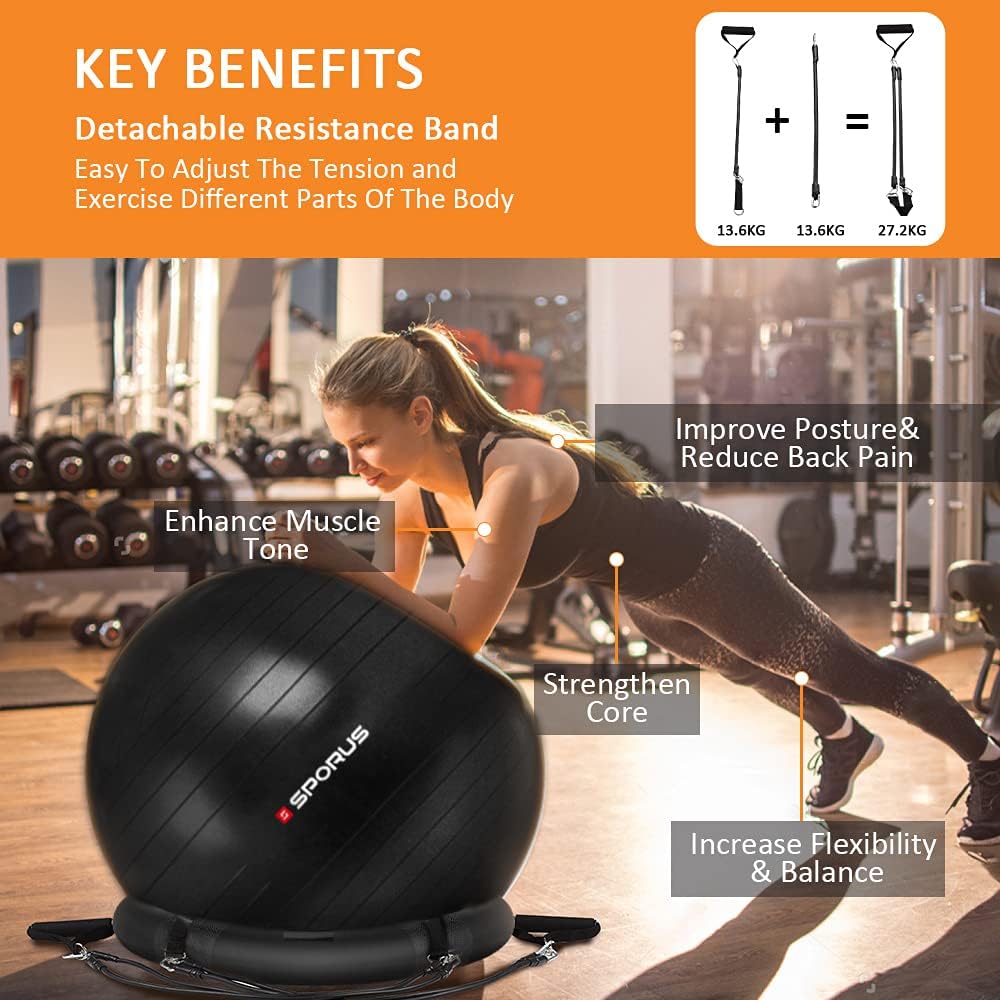 Sporus Exercise Ball Chair 65/75 cm, Yoga Ball for Office, Fitness, Pregnancy with Stability Ball Base & Workout Poster, Improve Balance, Training Strength for Gym, Home [Resistance Bands Included] : Sports & Outdoors