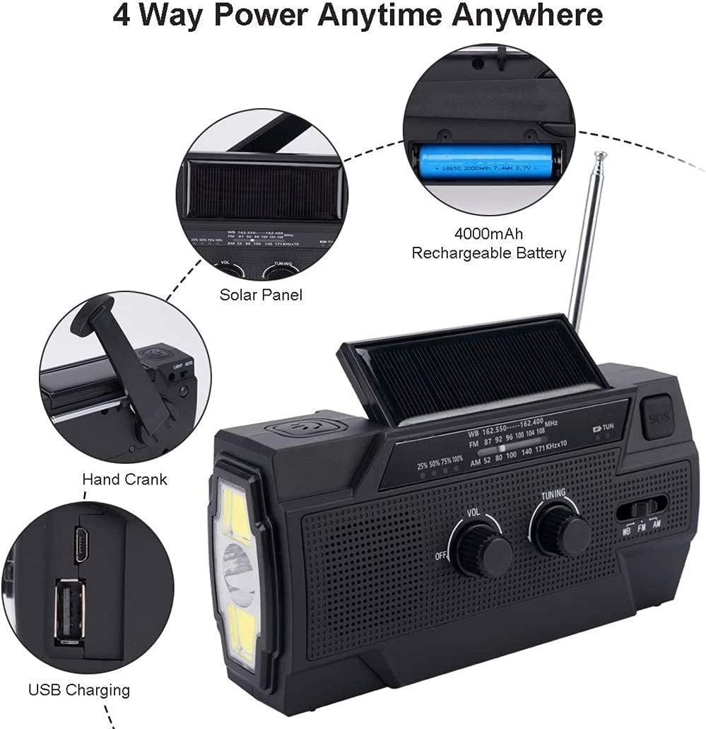 Radio de Poche personnelle, Radio météo NOAA à manivelle Solaire, Radio d'urgence avec Lampe de Poche et Portable Intelligent 4000Mah
