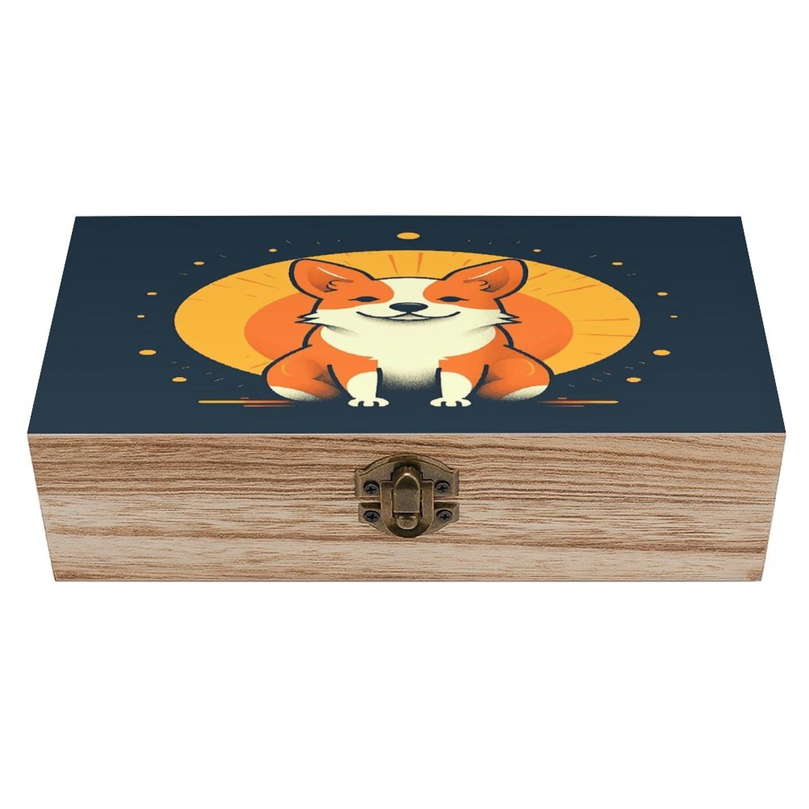 JTREHY Playful Corgi Wooden Keepsake Box Vintage-Style Wood Keepsake Case with Hinged Lid Solid Wood Boxes Beautifully Memory Treasure Case Vintage-Style Wooden Storage Box