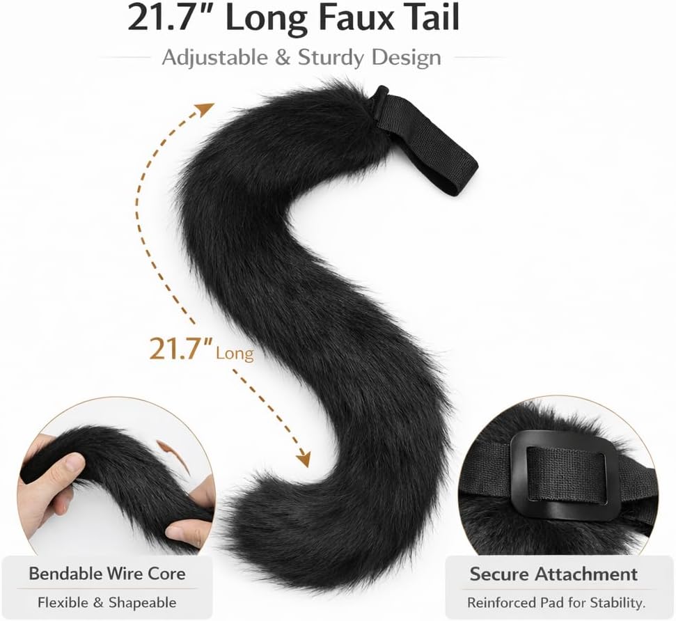 Fluffy Cat Fox Wolf Ears and Tail Set – Faux Fur Animal Headband and Tail for Cosplay, Halloween, Anime Outfits - Image 5
