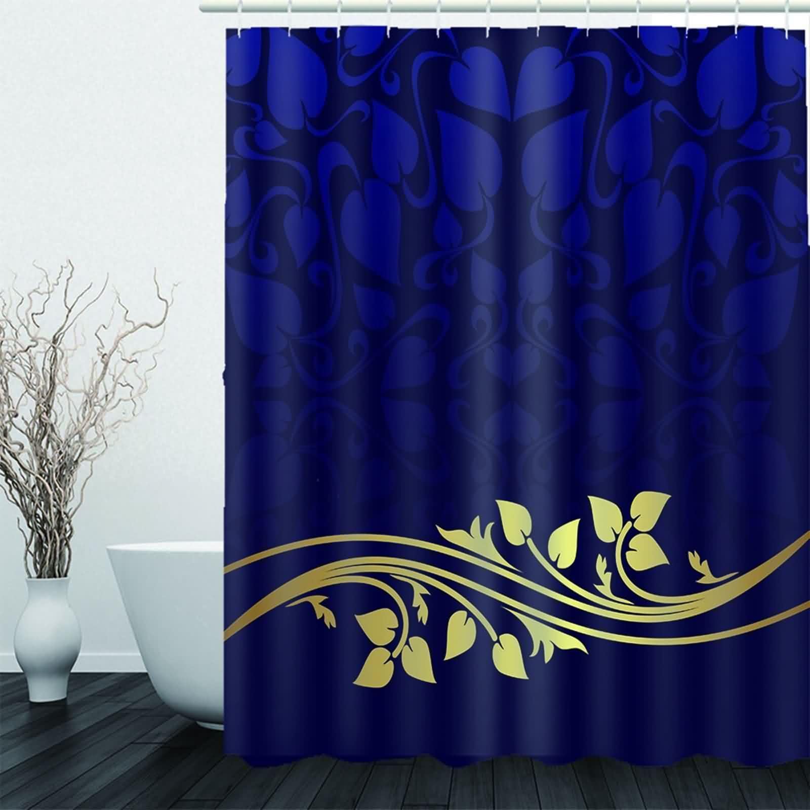 Rideau de douche pour salle de bain - Bleu foncé et jaune - Motif feuillage - Polyester - Anti-moisissure - Séchage rapide - Avec anneaux de rideau de douche