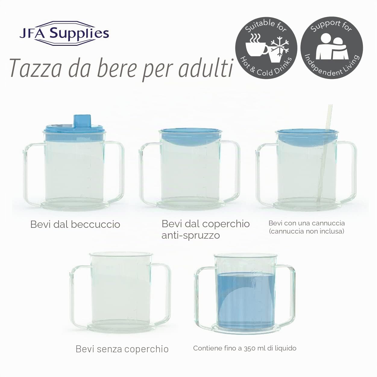 JFA Supplies Tazza con beccuccio anti-schizzi e coperchio da viaggio per adulti disabili con manici facili da impugnare