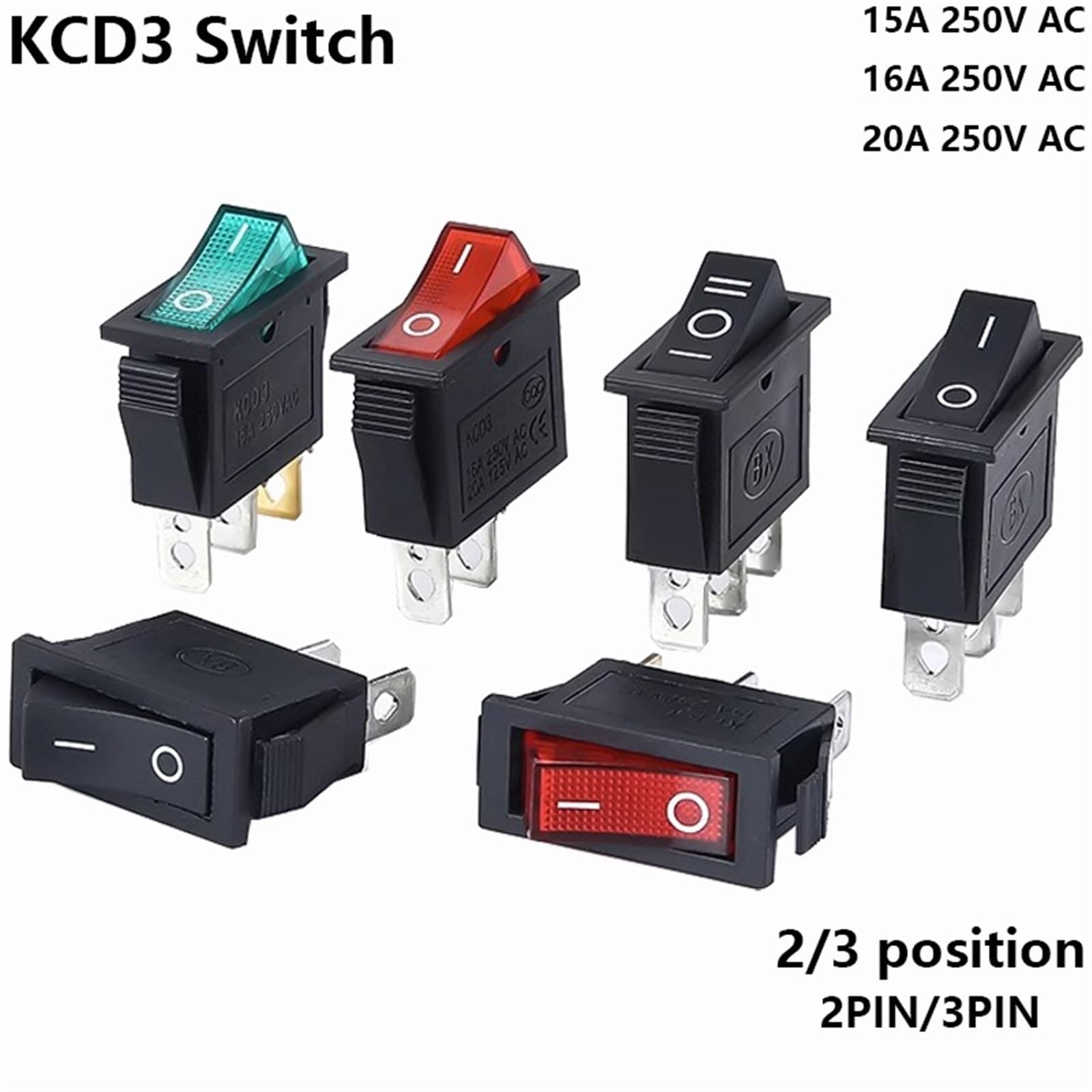 Interrupteur à bascule KCD3, 2 positions, 3 broches, marche/arrêt, équipement électrique avec interrupteur d'alimentation lumineux, 16 A, 250 V/20 A, 125 V CA, 10 pièces(2D 3PIN Green)
