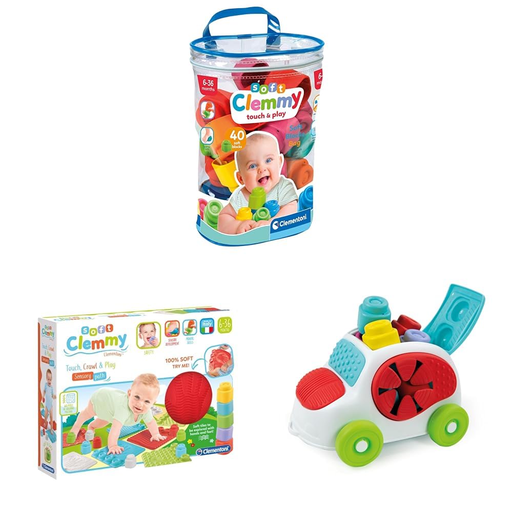 Clementoni Soft Clemmy Bundle: 56 weiche Bausteine, Sensorik-Auto mit Figur & 8 Spielmatten – Waschbares Baby-Spielzeug ab 6 Monaten, stapelbar, sicher & schadstofffrei