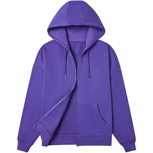 BETTERCHIC Women's Hooded Sweatshirt Casual Soft Brushed Fleece Hoody Drop Shoulder Full Zip Up Hoodie Size S-2XL