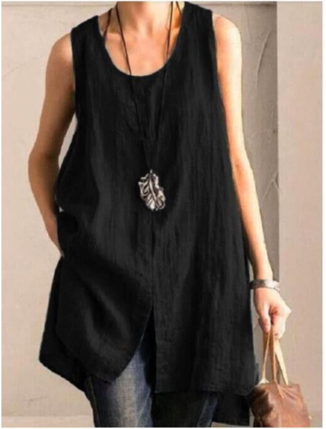 Lmtossey Camicia da donna in cotone e lino, stile vintage, per feste primaverili ed estive, senza maniche, con spacco