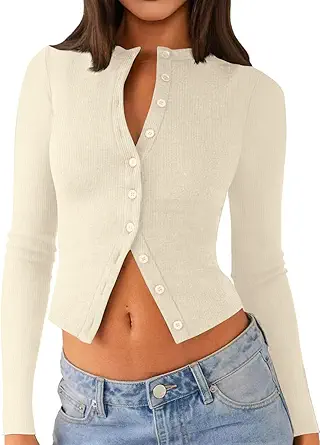 Womens Long Sleeve Tops Fall Lightweight Cardigan Cropped Going Out Shirts Ribbed Button Down Cute Trendy 2025