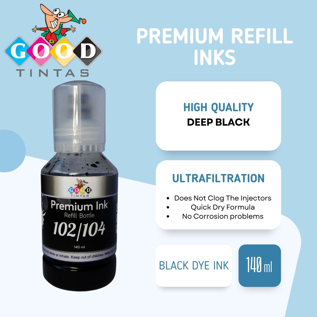 102 104 Tinta Compatible con Epson Ecotank 102 104 (BK 140ML, CMY 100ML) Cartucho de Tinta para Impresora ET-1810 ET-2710 ET-2750 ET-2812 ET-2814 ET-2850 ET-3700 ET-3850 ET-4700 ET-4750
