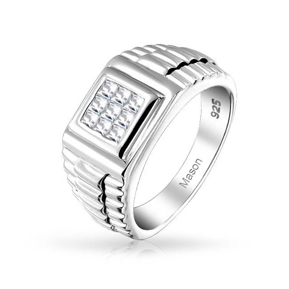 Personaliza Anillo de Compromiso para Hombre con Diseño de Banda Lateral Cuadrada Geométrica de Corte Invisible AAA CZ Anillo de Meñique Declaración Unisex Mujer Talla Grande .925 Plata de Ley