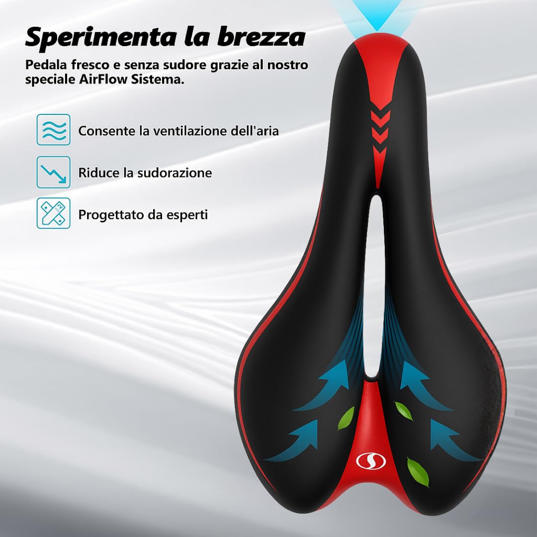 Sella Bicicletta Ergonomica Uomo Donna in Memory Foam | Traspirante con Sistema AirFlow Antiprostata | Sella MTB, Bici da Strada e Città – Comfort e Assorbimento Urti - Removibile e Lavabile