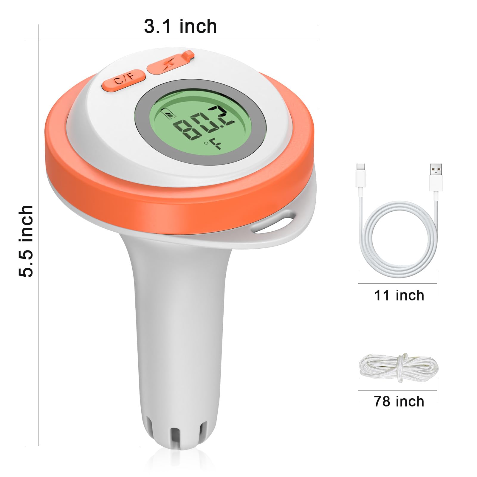 Anreedvigo Termometro galleggiante digitale ricaricabile per piscina/acquario/vasca da bagno/vasca idromassaggio/jacuzzi/acquario, schermo LCD, facile da leggere, livello impermeabile IPX-8