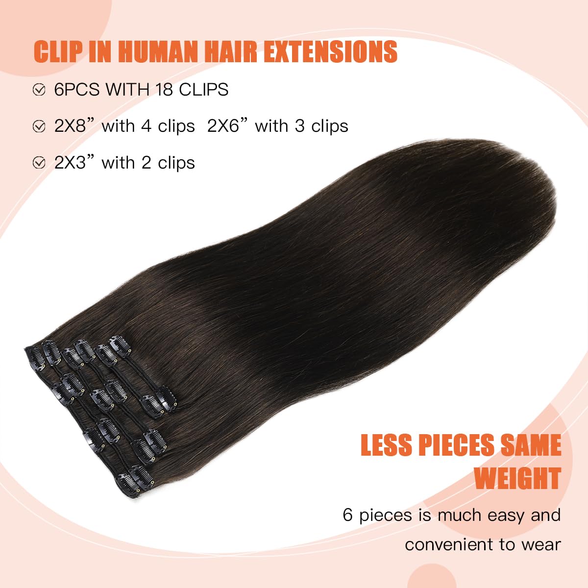 XDhair Clip in Hair Extensions Human Hair Natural Black Clip in Extensions 18Inch 6pcs 120g Natural Black Straight Hair Extensions for Women#1B 18inch - Image 2