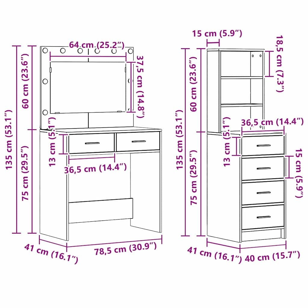 vidaXL Tavolo da Trucco Grigio 78.5 x 41 x 135 cm Legno Multistrato, Toeletta da Camera, Moderna, con Ampio Spazio, Mobile ergonomico, Tavolo Decorativo, Organizer, Specchio LED