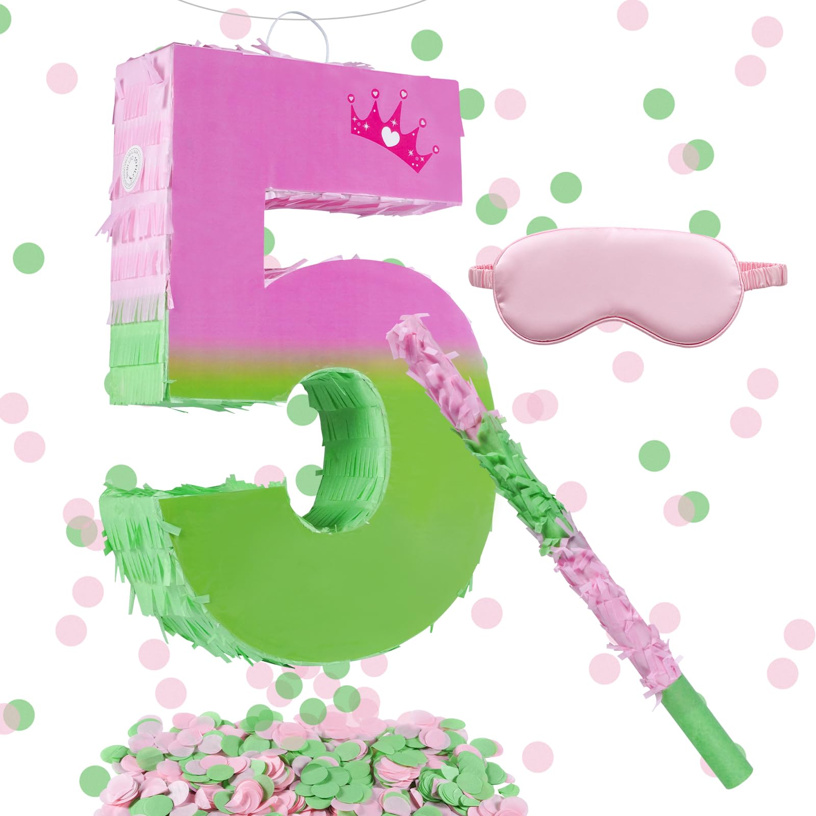 16 Inch Pink and Green Pinata Set with Number 5 Piñata, Blindfold, Stick and Confetti for Boys Girls 5th Birthday Party Decorations (5-Pink and Green