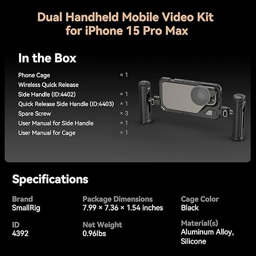Miniatura 6 de SmallRig Kit de jaula de teléfono de mano dual para iPhone 15 Pro Max, kit de jaula de video móvil con asas dobles inalámbricas de liberación rápida