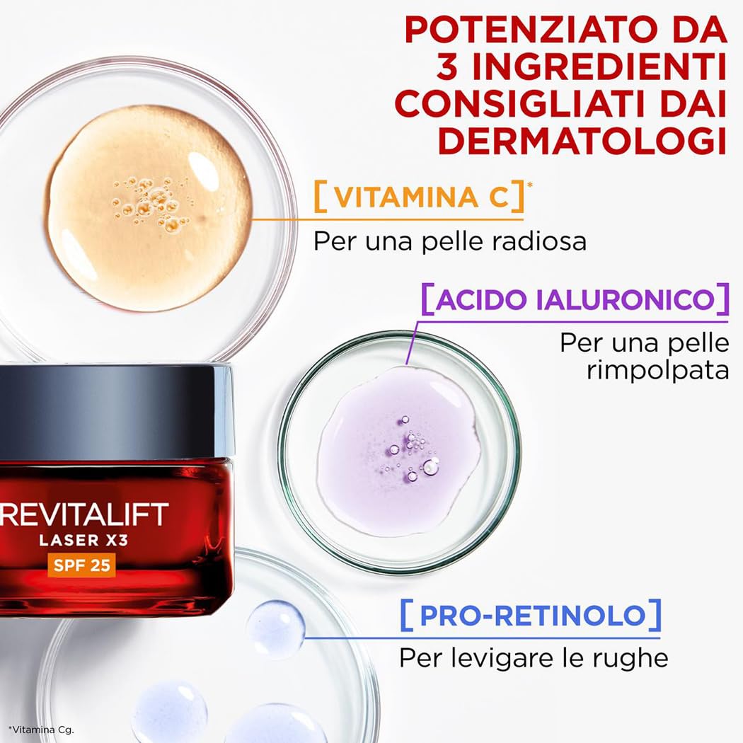 L'Oréal Paris Crema Viso Giorno Revitalift Laser, Azione Antirughe e Anti-Età, Con Acido Ialuronico, Vitamina C e Pro-Retinolo, Anti-macchie, Protezione SPF 25, 50 ml