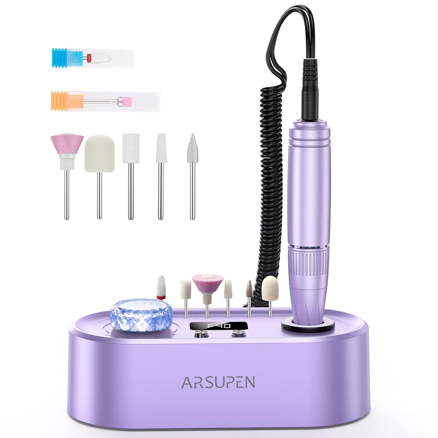 Professional Nail Drill Machine, 40000 RPM Electric Nail Drill Kit, Low Heat Low Noise Low Vibration, 6 Drill Bits, F/R Rotation, LCD Screen, USB Port for Salon Home Use for Acrylic Gel Nails