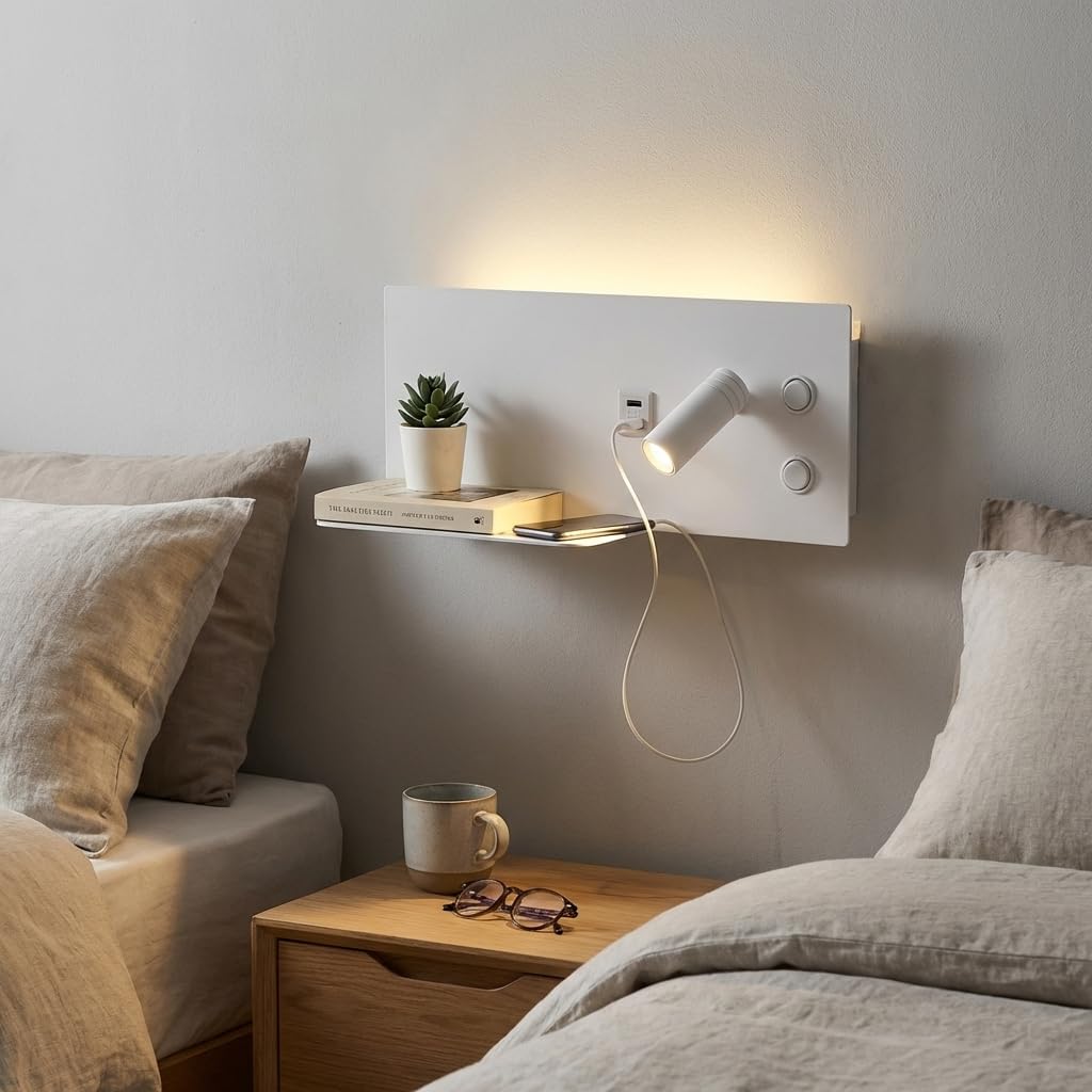 Alpinaluz Applique da Parete LED Bianco con Faretto Destro Orientabile per Camera da Letto Testiera, Luce Ambientale 2700K, Ricarica USB-C + USB-A, Mensola Metallica e Interruttori Indipendenti
